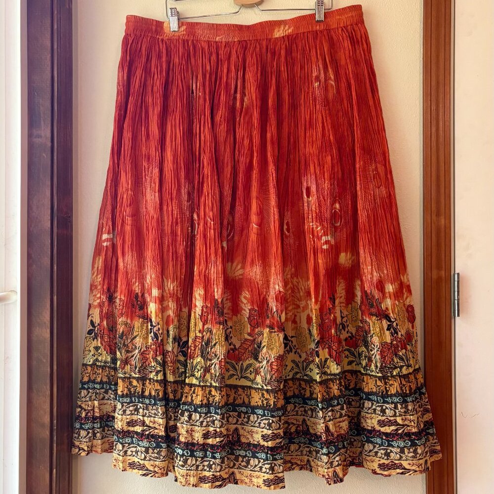 EUC Take Two Bohemian Maxi Skirt Orange Floral 100% Cotton Crinkle Size 2 Flowy - Picture 6 of 8